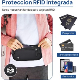 Cangurera de Viaje, Cinturón de Viaje con Bloqueo RFID, Soporte para Pasaporte, Cremallera Invisible, Riñonera Deportiva para Correr (Negro)