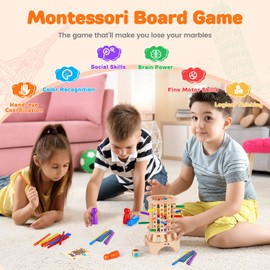Wooden Board Game, Montessori Toys for 3 4 5 6 Year Old, Board Games for Kids with Colorful Sticks, Math Educational & Fine Motor Skills Toys, Family Travel Games for Kids and Adults Gifts 3+