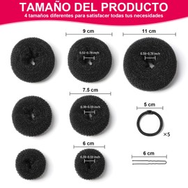 SSX-KJ 32 Pcs Donas para Peinar el Cabello,Moldeador de Cabello para Moños y Coronas,7 Piezas Hair Bun Donut,10 Pinzas para el Cabello,5 Bandas Elásticas,Accesorios para el Cabello para niñas,Negro