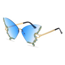YAMEIZE Butterfly Sunglasses Rimless Vintage Glasses Funny Diamond Rhinestone Disco Glasses for Men Women Tinted Rave Glasses Festival Sunglasses, Gradient blue