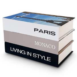 Cortegé Malibu Set of 3 Faux Books - Faux Book Decor for Coffee Table - Decorative Book Boxes for Home, Office - Fake Book Box Set with Monaco, Paris, Living in Style Titles - Chic Table Decorations