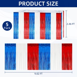 5 Pack 4th of July Foil Fringe Table Skirt 29x108 Inch Red White and Blue Metallic Foil Fringe Table Skirts for Rectangle and Round Tables for Memorial Day Independence Day Labor Day