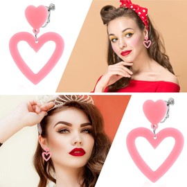 Hot Pink Heart Love Earrings for Women Clip on Dangle Drop Earrings Non Pierced 70s 80s 90s Retro Neon Jewelry