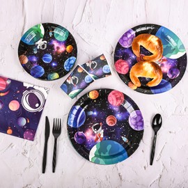 Outer Space Party Decorations, Space Themed Party Supplies for Kids, Include Galaxy Banner, Happy Birthday Backdrop, Solar System Tablecloth, Plates, Cups, Napkins, Knives, Forks and Spoons for Space Birthday Decorations