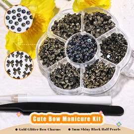 Kikonoke 420PCS Bow Nail Charms Kit with Half Pearls, 3D Acrylic Nail Gems Rhinestones, Pickup Tools for Nail Art Design, DIY Crafts, Valentine Gifts (Gold Glitter Black)