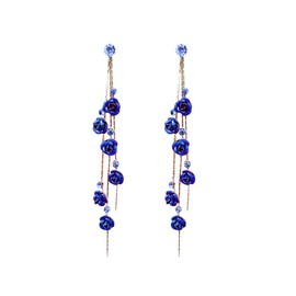 TOFBS Earrings for Women Rose Flower Pendant Long Tassel Earrings S925 Sterling Silver Cubic Zirconia Dangly Drop Retro Boho Statement Earrings for Women and Girls Blue