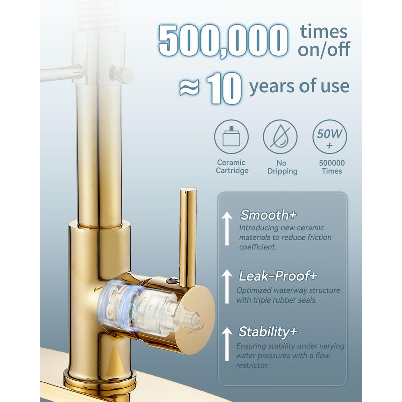 Casavilla LED Kitchen Faucet, Brushed Gold Kitchen Faucet with Soap