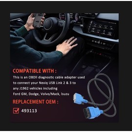 GolAscen 493113 OBD2 Cable Adapter 16 Pin Fit for Nexiq USB Link 2 & 3 J1962 Diagnostic Tool Compatible with Ford GM Dodge Volvo Mack Isuzu Hino