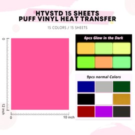 HTVSTD Puff Vinyl Heat Transfer - 15 Sheets 12 * 10inches 3D Puff Vinyl Include 6 Sheets Glow in The Dark Puffy HTV Vinyl for Tshirts DIY Glod Puff Vinyl Compatible with Cricut/Silhoutte Cameo