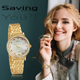 JewelryWe Women's Watch with Red Rhinestones, Quartz Analogue Watch for Women Men Mother's Day Gold, Red Rhinestone, Bracelet
