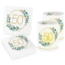Sprinlot Pack of 20 Napkins 50th Birthday + 12 Pieces Lantern Table Decoration 50th Birthday Women Decoration 50th Birthday Woman Man Napkins Eucalyptus Birthday Lanterns Home Decor