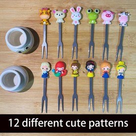 HENWAFX Fruit Fork, Cute Set of 6 Fruit Forks with Holder Stainless Steel Food Pick Forks for Kids Home (Cartoon+ fairy princess)