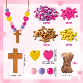BeYumi Wooden Cross Necklace Craft - 24Pcs Valentine’s Day Wooden Cross Beads Necklace Craft Kit for Kids DIY Cross Necklace Christian Religious Love Decor Sunday School Classroom Party Fun Activities