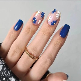 Press on Nails Short 24Pcs - Blue Short Square False Nails with Flowers - Acrylic False Nails with Glue - Stick on Nails for Women Long Lasting Nail Tip Nail Art Accessories