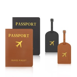 TOKSEO Set of 4 Passport Cover and Suitcase Tag Set, PU Leather Passport Holder, Luggage Tag with Address Label, Passport Cover for Credit Cards, ID and Travel Documents (Black + Brown)