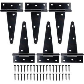 Yaegoo T Hinge Tee Hinge 6 PCS T-Strap Heavy Duty Shed Door Hinges, Black Gate Strap Hinges for Wooden Fences, Yard, Barn, Wrought Rustproof (6 Inch)