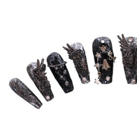 PN-024 Press-On Nails Lacquered Pack of 10 Reusable Artificial Premium Nails Trap Angel Wings Moon Rose Metallic Black