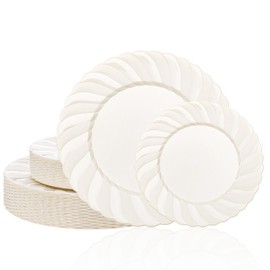U-QE 60PCS Ivory Plastic Plates for Party – Scalloped Disposable Plates Heavy Duty & Elegant – Include 30 10.25" Dinner & 30 7.25" Dessert Plate - Perfect for Party & Wedding