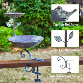 2 in 1 Bird Bath for Deck Railing and Balcony Bird Feeder, Bird Feeders for Outdoors with Heavy Duty Clamp, Unique Bird Bath for Outside and Blue Birdfeeder Suitable for Garden Porch Backyard