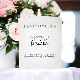 SweetHollow Here Comes the Bride Candle, White Tea & Jasmine Floral Fragrance, Bridal Shower, Bachelorette, or Wedding Gift, Highly Scented & Long Lasting Coconut Wax Luxury Candle, Large