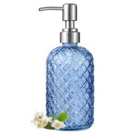 zuxzmj Blue Glass Soap Dispenser Gem Patterned with 304 Stainless Steel Pump 18 oz for Kitchen Dish Soap and Bathroom Hand Soap Bottle