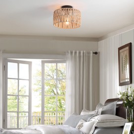 Hchunqjor Coastal Woven Flush Mount Ceiling Light Fixture Rustic Industrial Hemp Rope Semi Flush Mount Ceiling Light for Hallway Bedroom Farmhouse Kitchen Entryway Hall, Black