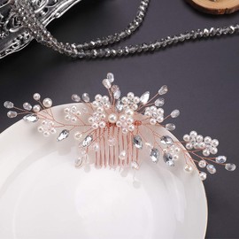 Anglacesmade - Peine para novia, vidrio y perla, peine para novia, rama para el pelo, accesorios para el pelo para mujeres y niñas, Rose gold