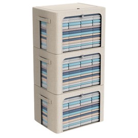 3Pack Foldable Storage Bins - Frame Storage Box Linen Fabric Stackable Clothes Container Organizer with Clear Window & Carry Handles Large Capacity (Extra Large-100L, Beige)