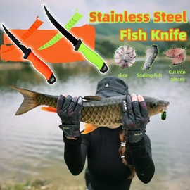 2-Piece Fish Fillet Knife Set, 5-Inch and 7-Inch Stainless Steel Fillet Knives with Sharpener, Non-Slip Handles, Fish Cleaning Knives for Fishing, Camping, and Outdoor Cooking, Green & Orange