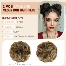 Qunlinta 2 PCS Large Messy Bun Hair Piece, Thick Wavy Curly Hair Bun Scrunchies Extensions Synthetic Chignon Updo Hairpieces for Women Girls Ash Blonde Mix Ginger Brown