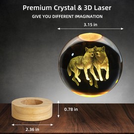 ZXBLAQ 3D Wolf Crystal Ball Night Light - 3.15 Inch Glass Lamp With 16 Color LED Wooden Base, Statue Decor for Birthday, Holiday, Christmas Gifts