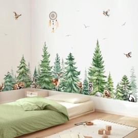 decalmile Large Watercolor Pine Tree Animals Wall Stickers Woodland Forest Tree Fox Deer Bear Wall Decals Baby Nursery Bedroom Living Room Wall Decor （W: 227CM)