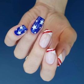24Pcs 4th of July Press on Nails Short Square Blue Fake Nails American Flag French Tip Design Glue on Nails Stars Full Cover Acrylic False Nails for Independence Day Manicure Decor for Women or Girl