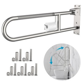 Toilet Grab Bar 30.3 Inch, Munzong Anti-Slip Handicap Grab Bars with Paper Holder, Flip-Up Bathroom Toilet Safety Rails, Stainless Steel Knurled Support handrails for Seniors Elderly Disabled Pregnant