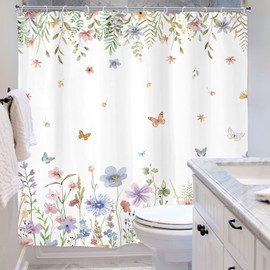 Riyidecor Colorful Wildflower Flowers Floral Shower Curtain for Bathroom Decor 72Wx72H Spring Botanical Plants Leaves Butterfly Women Girl Art Printed Fabric Polyester Waterproof 12 Pack Plastic Hook