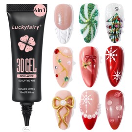 Luckyfairy 3D Gel Nail Art: 4 in 1 3D Nail Sculpting Gel for Molding, Drawing, Chrome Powder, Rhinestone Charms Glue, No Wipe Clear for DIY Fall Christmas Nail Art at Home, Lamp Curing Needed
