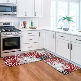Likiyol Kitchen Rugs Boho Floral Kitchen Mats for Floor Flower Anti Fatigue Mats for Kitchen Floor Cushioned Non Slip Washable Kitchen Mat for Home, Sink, 18''x30''+18''x48'', (Red)