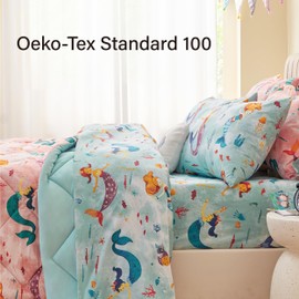 PPOLCA Twin Size Mermaid Kids Bedding Set for Girls, 5 Pieces Super Soft Lightweight Microfiber Comforter Set with Sheets, Bed in a Bag, Children Bed Set