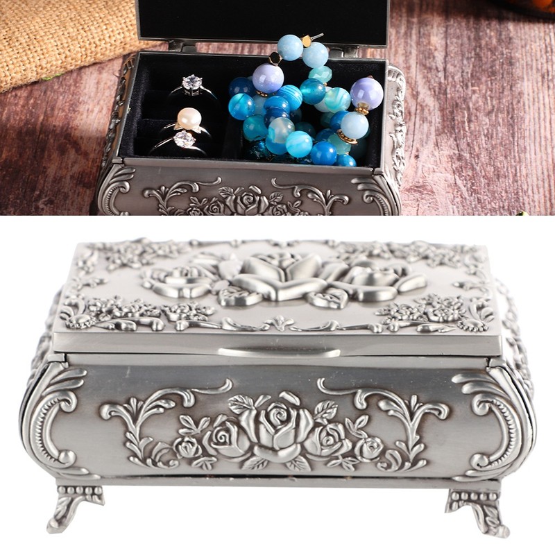 Retro Zinc Alloy Metal Stereoscopic Rose Carved Jewelry Box Ring