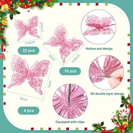 Charniol 36 piezas de adornos de árbol de Navidad de mariposas de 3 tamaños, adornos de mariposas huecas con purpurina, decoraciones colgantes con cli