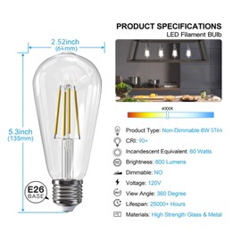Jensense Edison LED Light Bulbs E26 Bulb 60 watt Equivalent Dimmable Light Bulbs 4000K Natural White Vintage 7W Edison Bulbs 110V 120V 800 Lumen CRI90, 6 Pack