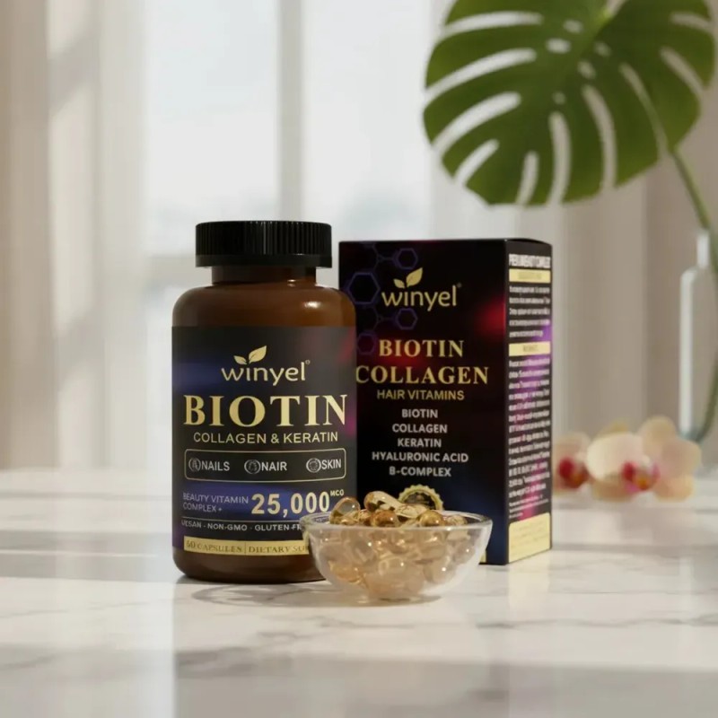 Winyel Biotina Collagen & Keratin 25,000 Mcg 60 Cáps.