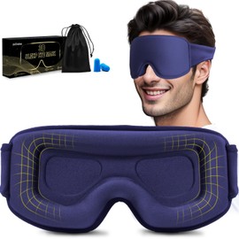 Widened 3D Sleep Mask for Big Head Lash Extensions, 100% Blackout Eye Mask for Sleep, Washable Soft Light Sleeping Mask with Adjustable Strap for Men, 0 Pressure Eye Cover with Earplug (Dark Blue)