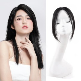 Rebecca Bangs Wig, Human Hair Partial Wig, Medical Use, Eight Shaped Bangs, Center Parting, Cooling Swiss Mesh, Hair Enhancement, Breathable, Natural, Thin Hair, Hide Gray Hair (1B/Natural Black)