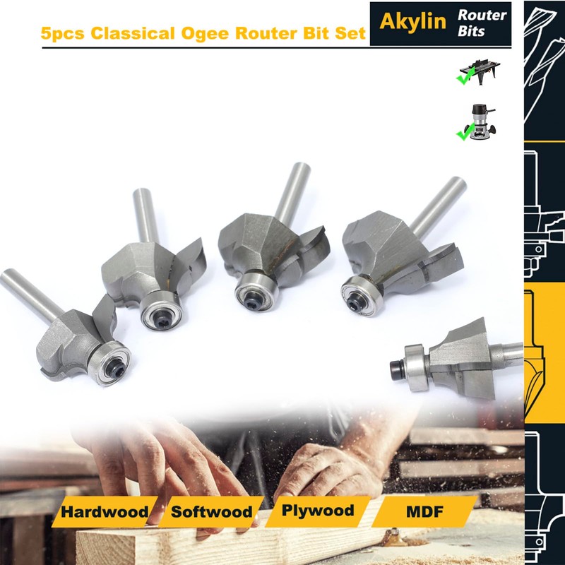 Akylin 5Pcs Classical Ogee Bit,1/4" Shank,Cove&Bead Router Bits Cutting Depth
