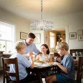 L LOHAS LED Modern Crystal Chandeliers for Dining Room Light Fixture, 3-Light Height Adjustable Drum Chandeliers, Chrome Round Chandeliers for Bedroom, Living Room, Foyer, Kitchen, Entryway, ETL