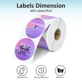 2'' Purple Holographic Thermal Labels - 400pcs Round Thermal Printer Labels, Waterproof Thermal Printer Stickers for Logo Design, Name/Price Tag, Thanks Card, Address, QR Code, 400 Labels/Roll(Purple)