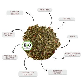 QIDOSHA® Schlaf Gut Tee bio "Shavasana", 100gr, loser Bio Kräutertee vor dem Schlafen, Tee vor dem Einschlafen mit Baldrian & Melisse, Kräutertee bio lose vor dem Schlafen, Tee lose schlafen