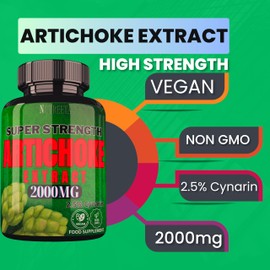 High Strength Artichoke 2000mg Strength,180 Vegan Tablets, 20:1 Extract, 2.5% Cynarin, 3 Month Supply, Potent Artichoke Supplement, Non-GMO (180)