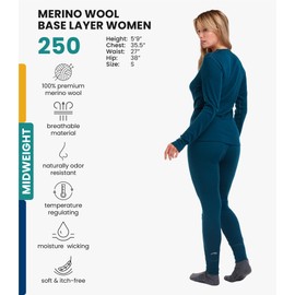 Merino.tech Merino Wool Base Layer Women Set - Heavyweight, Lite, Midweight Merino Thermal Underwear For Women Top, Bottom (Large, 250 Deep Teal)